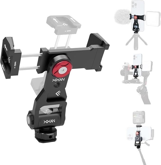 Metal Phone Tripod Mount Adapter, Smartphone Holder Clamp Support Stand with Cold Shoe, Compatible with iPhone, Samsung on Tripod, Camera, Gimbal, Selfie Stick for Live Streaming, Video Shooting