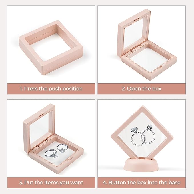 Ring Challenge Coins Display Stand, 3D Display Floating Frame Jewelry Medallion Specimen, Ring Shadow Box Case, 2.75"x2.75"x0.79"(Pink - 2PCS)