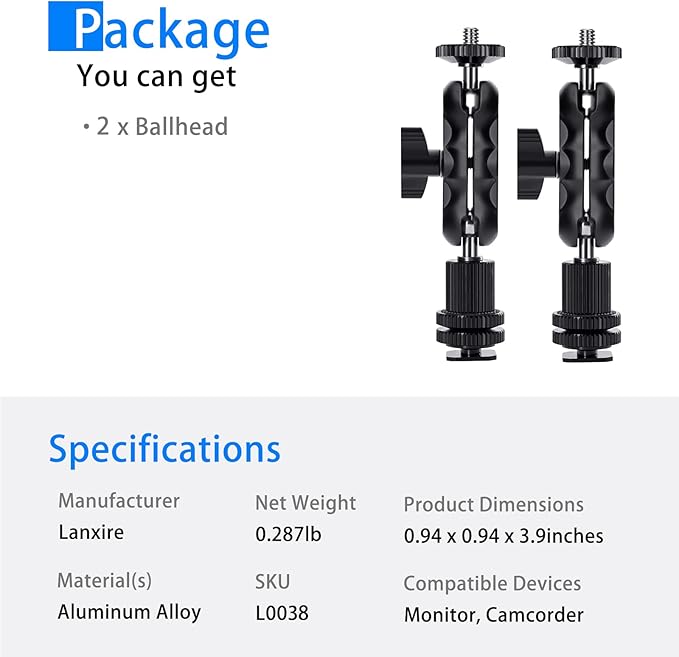 Magic Arm Cool Ballhead Double Ball Head Adapter with 1/4’’ Screw and Cold Shoe Mount - 2 Pack for Cameras, Camcorders, Monitor, Flash, LED Light, Microphone, and More