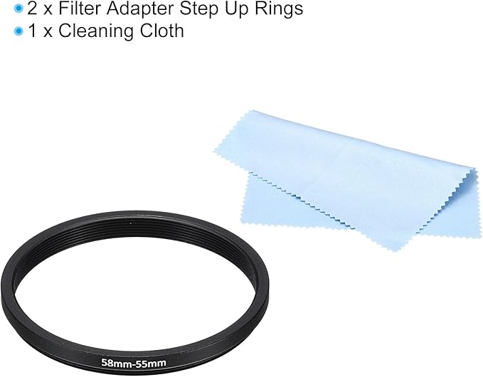 PATIKIL 58mm-55mm Metal Step Down Ring with Cleaning Cloth, 2 Pack Camera Lens Filter Adapter Ring Aluminum Filter Adapter Ring for Camera Lenses Hood, Black