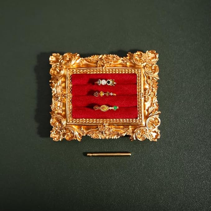 Vintage Gold Ring Holder 3.94x3.54 In,Suede Lined Jewelry Display Stand, Engagement Ring holder Photography Prop, Ornate Ring Holder for Wedding Decor, Bridesmaid & Engagement Gift (wine red)