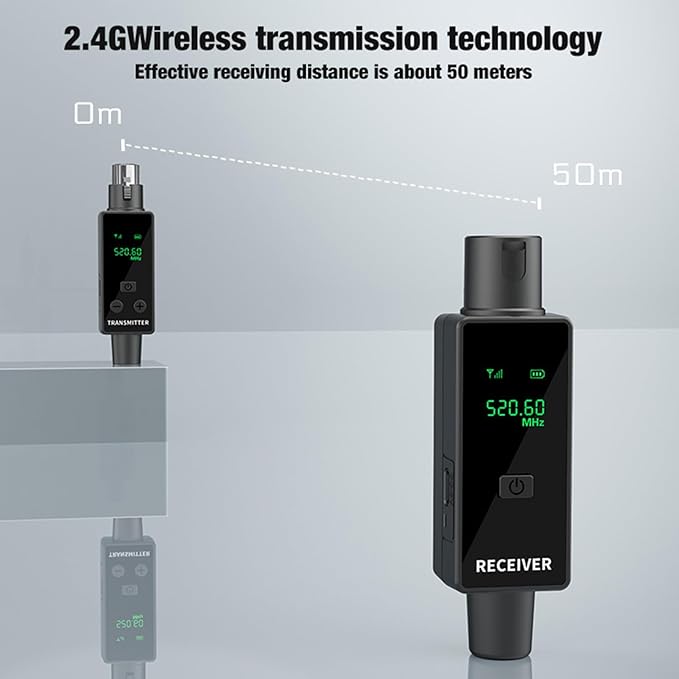Diyeeni 2.4GHz Wireless XLR Microphone Transmitter Receiver, Plug and Play Wireless Mic Adapter with 24Bit 48kHz Audio Quality for Dynamic Condenser Mics Cameras PA Systems (1 for 2)