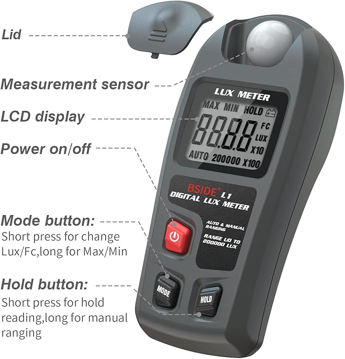 BSIDE Light Meter Digital Illuminance Meter 0.1-200,000 Luxmeter Environment Luminometer Photometer for Plants, Car Headlights Home & Office LEDs Light Photography