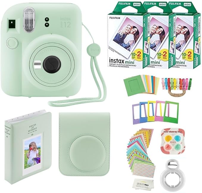 Fujifilm Instax Mini 12 Instant Camera + 60 Photo Prints + Quality Photo Value Bundle, Case, Decoration Stickers, Frames, Photo Album, (Mint Green)