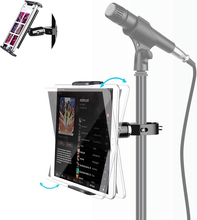 elitehood Metal iPad Holder for Mic Stand, 360° Adjustable Mic Stand Tablet Holder, Aluminum iPad Mount for Music Microphone Stand, Compatible with 4.7-13" Tablets and Cell Phones