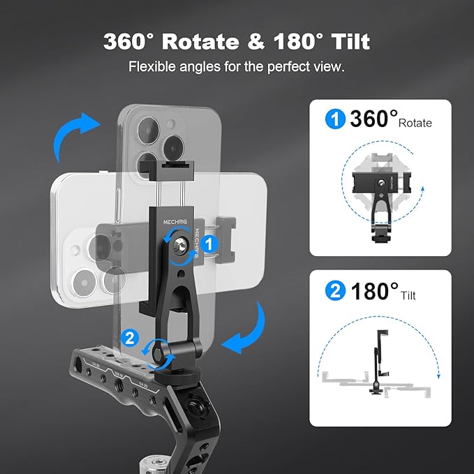 Metal Phone Tripod Mount with Cold Shoes & 1/4" Thread, 180° Tilt & 360° Rotation Tripod Phone Holder Stand for iPhone 16 Pro Max/Samsung Galaxy/All Phones/Camera/Cage/Selfie Stick (69001)