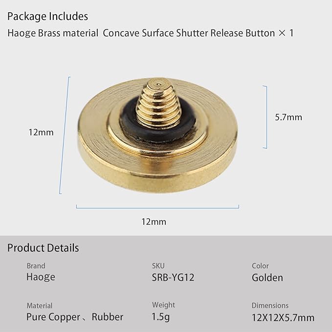 Haoge 12mm Copper Shutter Release Button for Fujifilm X-E5 GFX100RF XT5 XT50 X100V X100VI X-Pro3 Nikon Zf DF and Leica D-LUX 8 q3 M10 M-11 Concave Surfacel,New Version: Diameter 12mm