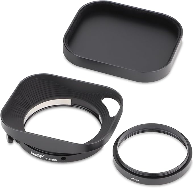 Haoge Lens Hood Metal Squaret for Fujifilm XE5 XF 23mm f2.8 Kit Fujinon XF27mmF2.8 R WR Lense Hood Black with 39mm E39 Filter Thread,Screw-in Lens Hood with Hollow Out Designed