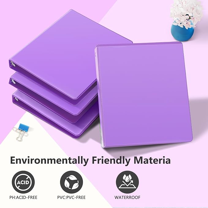 ViVin 1 Inch Round Ring View Binder for Durability, Standard 3 Ring Binder for 200 Sheets of US Letter Size Paper, PVC-Free, 6-Pack (Purple)