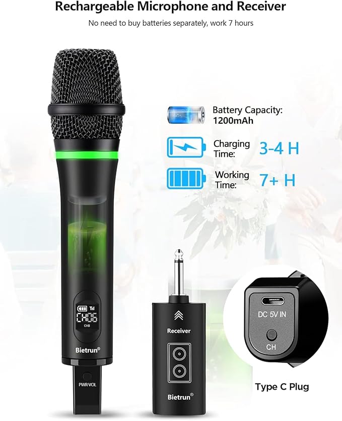 Bietrun Wireless Microphone Rechargeable, 168FT Range Bluetooth Microphone Wireless (Work 7 hrs) with 1/4'' Output, UHF Metal Handheld Dynamic Mic for Karaoke Machine/PA System/Speaker/Church/Wedding