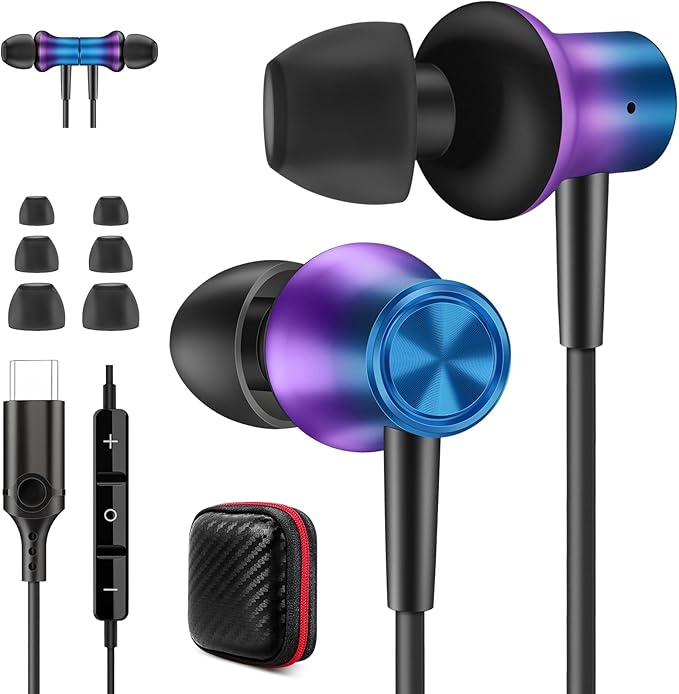 Jiunai USB C Earbuds for Samsung S24, Wired Headphone with USB C Plug in Ear Magnetic Stereo Remote Control Corded Type C Earphones for iPhone 17 16 15 Galaxy S26 S25 S23 for iPad Pro Gradient Purple