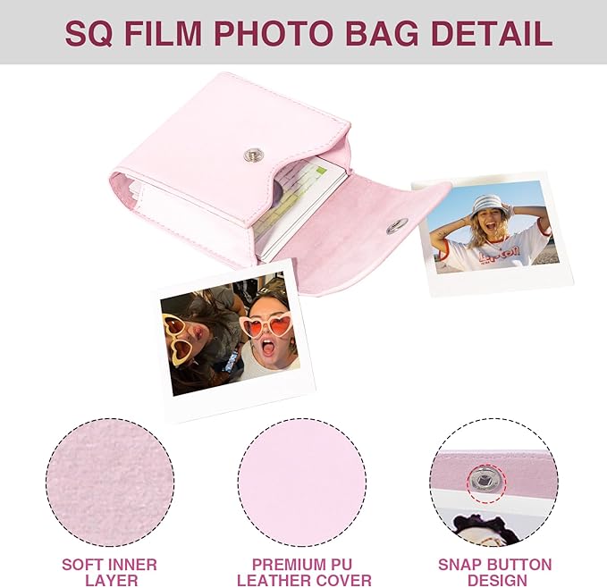 WOGOZAN Square Album for Fujifilm Instax Square/SQ1/SQ40/SQ6/SQ10/SQ20/SP-3 Instant Camera 2.9x3.4 Inch Films for Instax Square Film, Photo Album for Polaroid Mini Pictures, SQ Photo Pouch Bag (Pink)