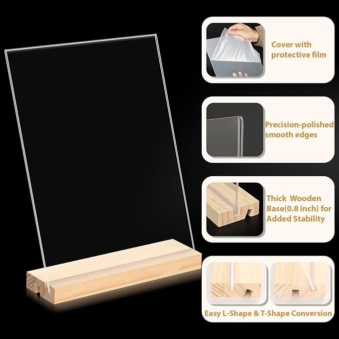 xydstay 2pack 8.5x11 Acrylic Sign Holder with Wood Base for Picture Frames,L/T Shape Double Slot Design for Vertical or Slant Back Display, for Restaurant, Office, School, Store and Home Use