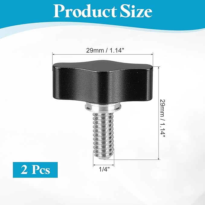 PATIKIL Clamping Screw Knob 1/4" x 1.14", 2Pcs Stainless Steel t Shaped Camera Thumb Screws for DSLR Flash Bracket Light Stand Adapter Action Sports Camera Mounting System, Black