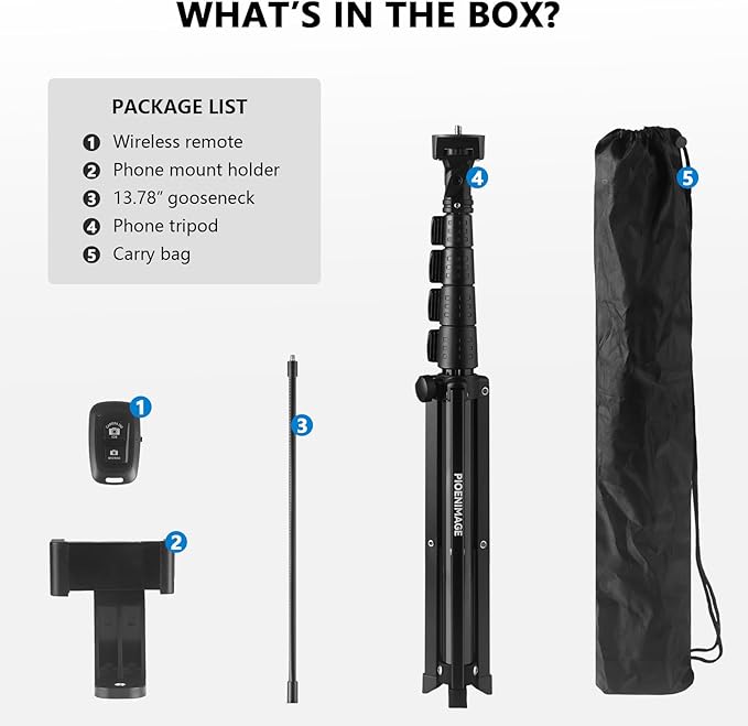 61" Phone Tripod Stand with 15.7" Flexible Gooseneck and Phone Holder, Extendable Cell Phone Stand, Portable Tripod for Photography, Video Recording, Live Stream