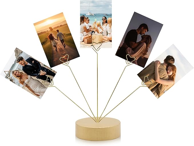 HINGTAI Heart-Shaped Photo Stand Contains Five Clips, Gold Tree Holder for Pictures Desk Photo Display Gift Tree Holder for Party, Round Base Suitable as a Gift for Holidays Weddings or Work