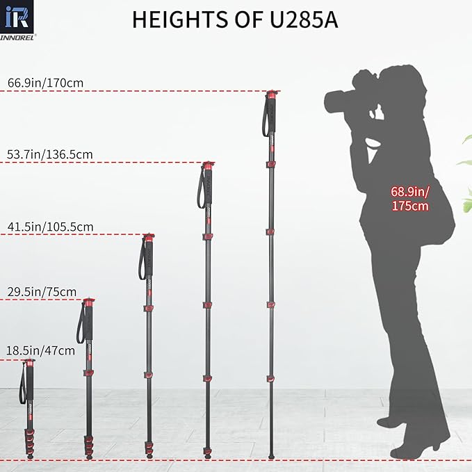 INNOREL U285A Camera Monopod 66.9 in/170 cm Aluminum Alloy 5-Section with Fast Flip Lock Travel Monopod for Canon Nikon Sony DSLR Camera Video Camcorder DV Photography Bracket Load 22 lb/10 kg