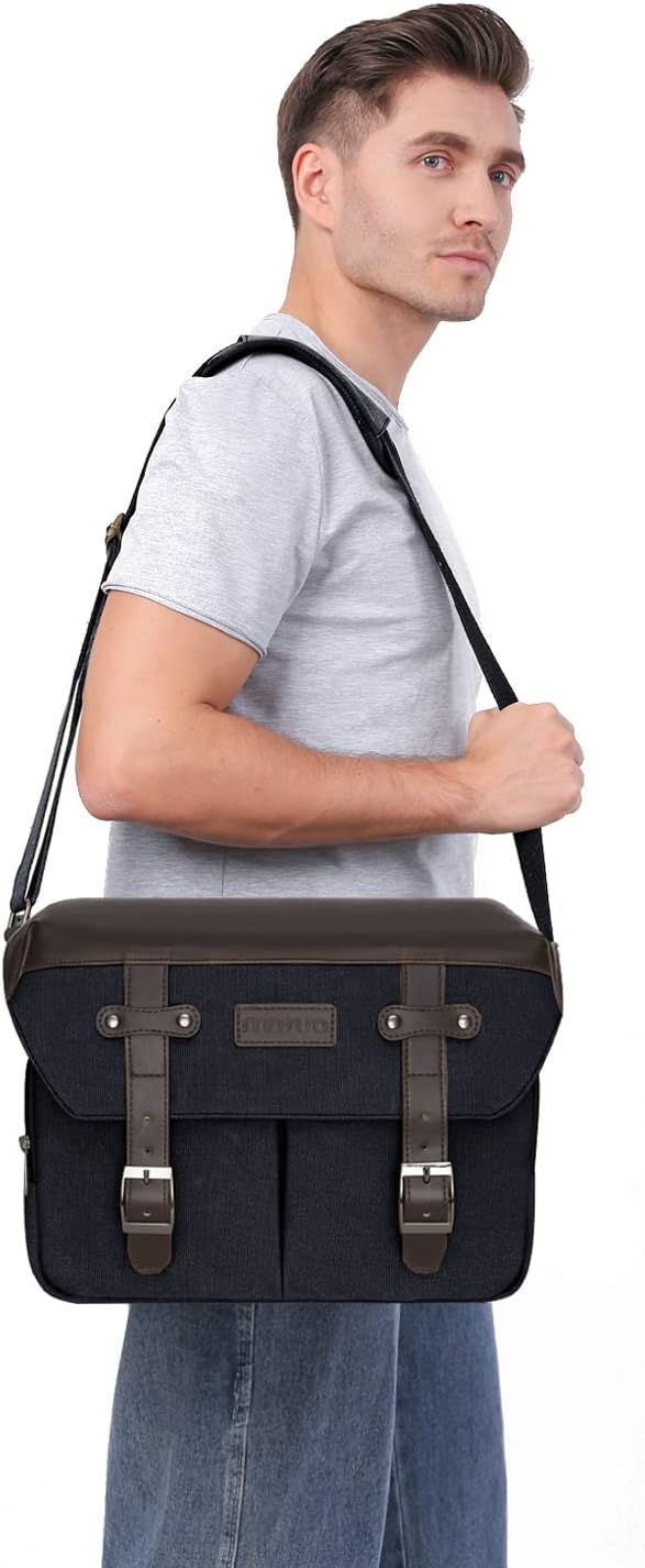 MOSISO Camera Case Crossbody Shoulder Messenger Bag, DSLR/SLR/Mirrorless Photography Vintage PU Leather Flap Gadget Bag with Rain Cover Compatible with Canon/Nikon/Sony Camera and Lens, Black