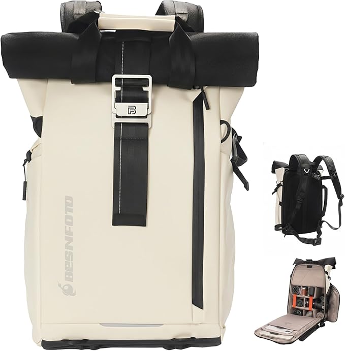 Besnfoto Camera Backpack, Waterproof Travel Camera Bag for Photographer Expandable Roll Top Photography Case for DSLR SLR Mirrorless Camera Fit up to 15.6 inch Laptop with Rain Cover