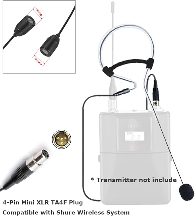 Black Single Earset Headset Microphone Headworn Over Ear Hanging Condenser Mic Compatible with Shure Wireless Bodypack Transmitter System with Mini XLR 4 Pin TA4F Plug