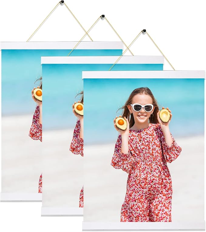 YK artwood 3 Pack Magnetic Poster Hanger Frame White, 8x10 8x12 8x16 Poster Frame Wood Wooden Magnet Print Posters Dowel Scroll Hanger Hangers Hanging Kit for Walls Map Canvas Artwork
