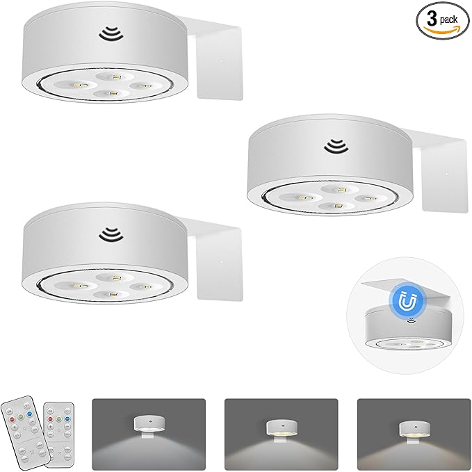 3-Pack Battery Operated Picture Lights Magnetic Painting Light with 3 Lighting Modes,Remote and Timer Art Display Light for Picture Artworking Frame Portrait,Dimmable Wireless Wall Puck Lights-White