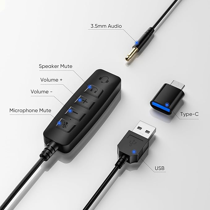 USB Headset with 290° Rotating Noise-Canceling Microphone, USB-A/Type C/ 3.5mm Wired Lightweight Office Headphone with Mute Button & Volume Control for PC, Mac, Cell Phone, Zoom Calls