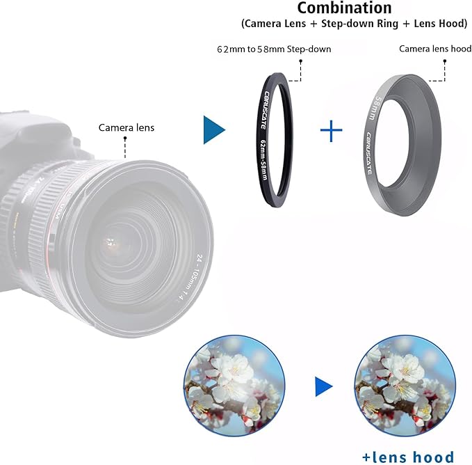 62mm to 58mm Camera Lens Adapter,Change The Filter or Lens Size from 62mm to 58mm.Compatible All 58mm Thread Filter Accessory+1pcs Lens Cleaning Cloth.
