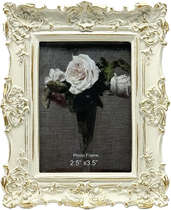 CISOO 2.5x3.5 Vintage Small Picture Frame, Antique Ornate White with Gold Wallet Size Photo Frame, for Table Top and Wall Display, Decorative Floral Design Retro Home Decor, Photo Gallery Art