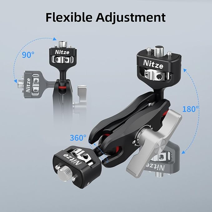 Nitze Camera Magic Arm with Double Ballheads (1/4" to 3/8" Screw with Retractable Locating Pins), Articulating Magic Arm Camera Mount Aluminum Alloy - N50-G2