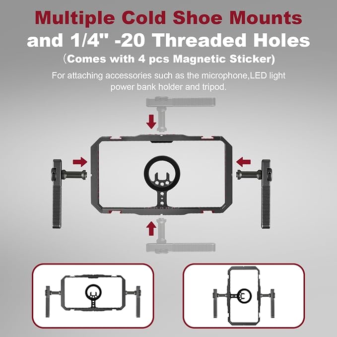 Magnetic Phone Cage with Handle,Smartphone Cage Kit with 360° Rotation Handgrip and Magnetic Sticker for Photography,Compatible with iPhone 17/16/15/14/13 Series and Andriod Phones (Black)