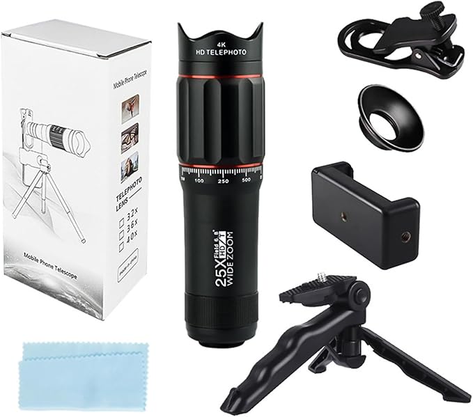 25X Phone Telephoto Lens Kit Portable High Magnification Observation Concerts Sports Games Bird Watching Fishing Mini Tripod Holder Telephoto Lens Smartphone Zoom Lens Mobile Phone