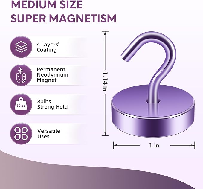 Neosmuk Magnetic Hooks, Cruise Ship Essentials, 80lb+ Heavy Duty Magnetic Hooks for Cruise Cabins, Refrigerator, Grill, Hanging, and Travel | Extra Strong Must-Haves Magnet Hook,Purple, 5 Pack