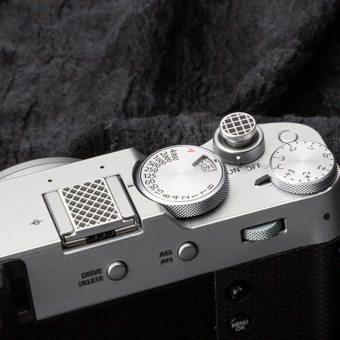 Grid Pattern Camera hot Shoe Cover Shutter Decorative Button for FUJIFILM X100VI X100V X-T4 X-T3 X-E4 X-T50 X-T30II hot Shoe Cover Shutter Decorative Set (Aluminum Alloy-Set)