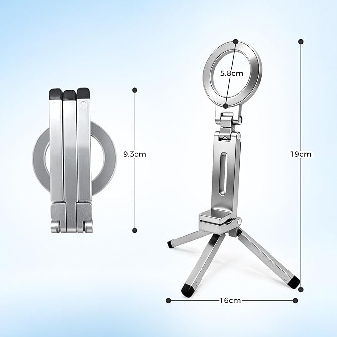 Magnetic Phone Tripod Stand, 360° Rotating Foldable Aluminum Mount for All Phones, Strong Magnetic Grip, Telescopic Adjustable Design for Desk, Travel, Photography, Live Streaming, and Video Calls