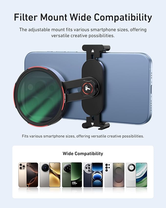 TELESIN Universal Phone Filter Mount for 67mm DSLR Filters, Clip-On Holder with Cold Shoe & 1/4" Thread, Lightweight for Travel & Vlogging, for iPhone 16 15 Pro Max, Samsung S24 Ultra, Pixel and More