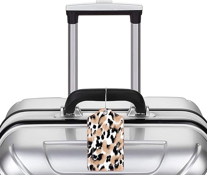 (Set of 2) Luggage Tag Leather Privacy Cover ID Label Address Card with Stainless Steel Loop, Travel Bag Tags Suitcase Labels, Leopard