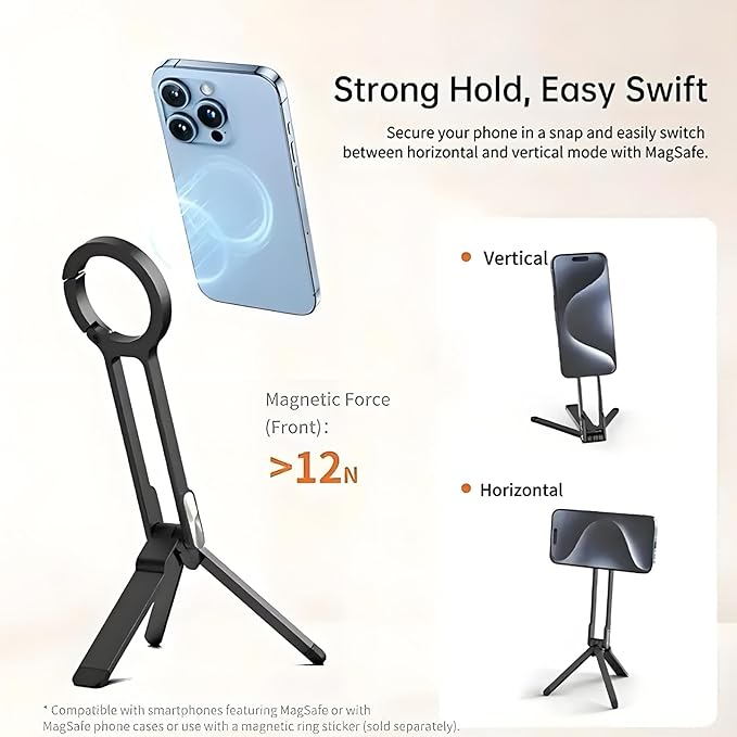 Aluminum Alloy Phone Tripod Carabiner-Mounted for iPhone, Portable Dual-Sided Magnetic Tripod Desk Mount Phone Handle Holder[Ultra-Light Only 0.22lb] Black