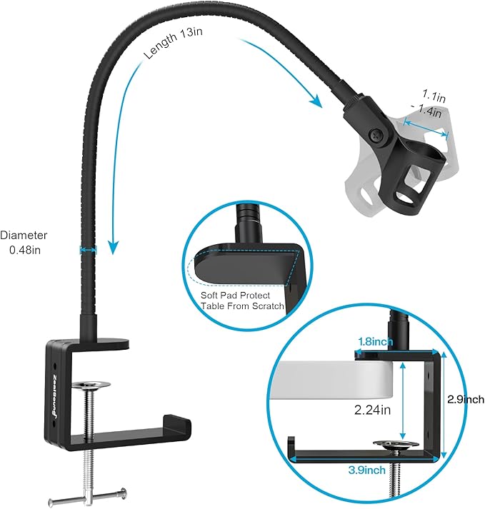 ZealSound Microphone Stand,Flexible Gooseneck Desktop Mic Stands Holder with Heavy Duty Desk Clamp,3/8" to 5/8" Screw Adapter Include 360 Adjustable Compact Mic Arm for Blue Snowball Ice Spark (Black)