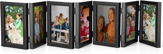 Sintuff 7 Picture Frame 4 x 6 Folding Hinged Picture Frames Foldable Photo High Definition Natural Wood Collage Mounts Rustic Desktop Acrylic Mounts for Family Wall Decor, Black
