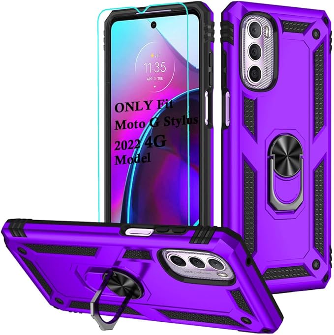 Androgate Moto G Stylus 2022 4G Case - Military-Grade Metal Ring Kickstand, 15ft Drop Tested, Shockproof with HD Screen Protector, Purple