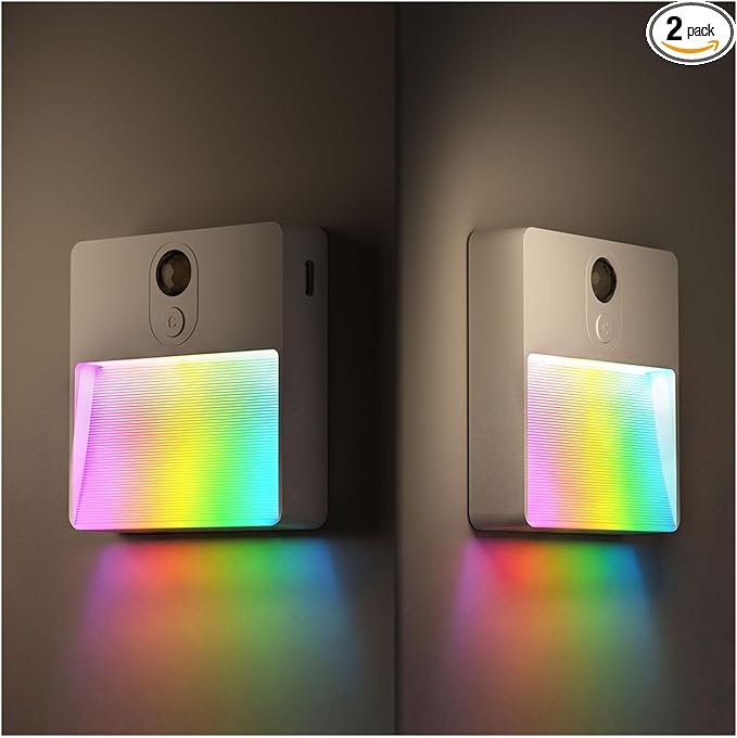 Motion Sensor Night Light Indoor, Rechargeable Battery Operated Lights with RGB Lights, Magnetic Stick On Light for Closet Toilet Bathroom Under Cabinet Hallway Stair Bedroom Kitchen, 2 Packs