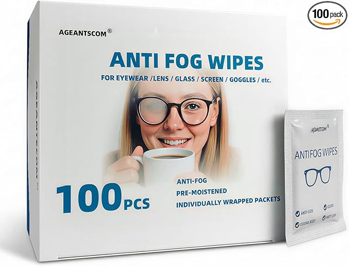 Ageantscom Anti Fog Wipes for Glasses (100-pack) | Pre-Moistened, Quick Dry & Scratch Free for Laptop Screens, Optical Lens, Goggles, Smart Phone and Watch Screens (Extra Large)