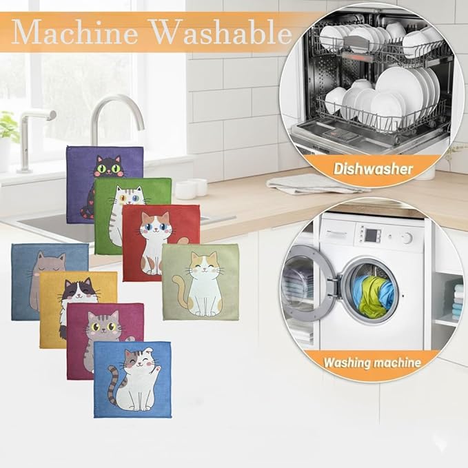 8-Pack Ultra-Fine Microfiber Kitchen Towels, 7-Inch Square with 8 Clips & Multiple Patterns – Soft, Absorbent, Reusable Cleaning Cloths (Cats)