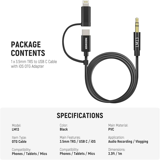 NEEWER 3.3ft/1m 2 in 1 AUX Cable, 3.5mm TRS to USB C/iOS Audio Cable Compatible with iPhone 16 Pro Max 15 14 13 12 Android Samsung S25 Ultra S24 S23 Smartphone Tablet Headphone, LM13