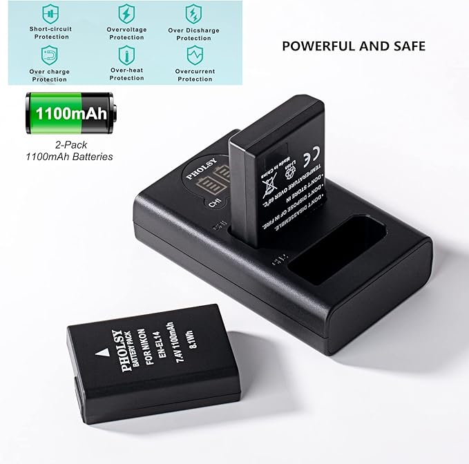 PHOLSY 2 EN-EL14 / EN-EL14a Batteries Camera Battery Charger MH-24 Rapid Dual USB Charger Compatible with Nikon P7800 P7700 P7100 P7000 D5600 D5500 D5300 D5200 D5100 D3500 D3400 D3300 D3200 D3100 Df