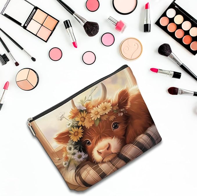 4 PCs Highland Cow Makeup Bag Cow Print Stuff Highland Cow Gifts Cosmetic Bag, Western Gifts for Women Scottish Girls Best Friends Coworkers, Cute Cow Stuff Christmas birthday Gifts Zipper Pouch
