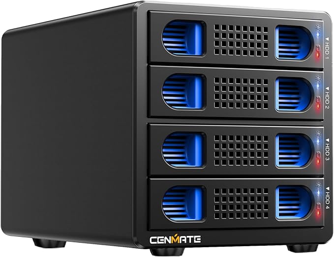 CENMATE 4 Bay Hard Drive Enclosure with Cooling Fan for 2.5/3.5" SATA HDD/SSD with USB A/C 3.0 Cable, Tool-Free HDD Enclosure, 3.5 Hard Drive Enclosure Support 80TB, Hot Swappable(NO RAID/NAS)
