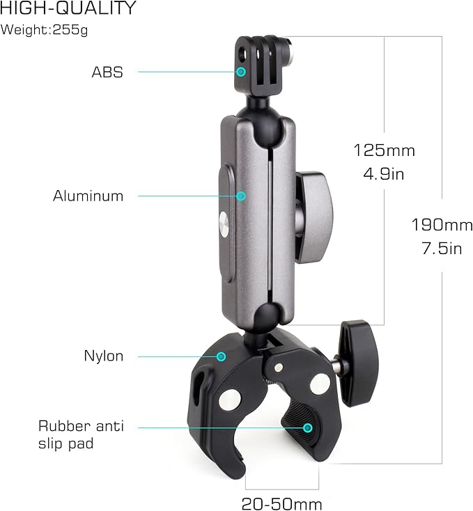GEPULY Super Camera Clamp Mount for GoPro Insta360 - Dual 360° Ball Head Magic Arm Adapters with 1/4''-20 Screw, Phone Tripod Holder Mount for Bike Handlebar Fence Desk Tree Pole LED Light