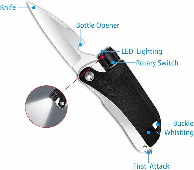 Led Mini Flashlight 6-in-1 Utility Folding Pocket Knife with Bottle Opener Glass Breaker Buckle Whistling Multi-Function Emergency Tool for Hiking Survival Camping Hunting